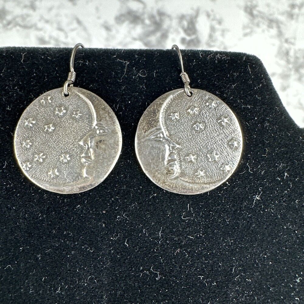 Vintage Sterling‎ Silver Dangle Earrings Man In The Moon Moonface Stars Crescent